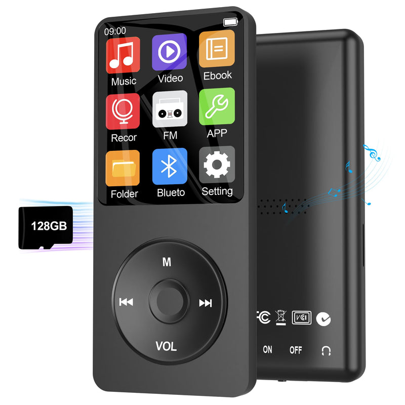 Pocket 128GB MP3 Player with Bluetooth 5.3, Mini 1.8-Inch Music Play Built-in HiFi Speaker,Portable MP4/MP3 Player for Kids with Music,Video,FM Radio, E-Book Reader, Voice Record, Photo Viewer, Black
