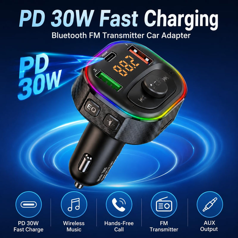 Fm Transmitter Bluetooth Car Adapter, Charger Daul USB & Type C | FM Transmitter for Car PD 30W Fast Charging Wireless Music MP3 Player, Audio Receiver, Hands-Free Call Cigarette Lighter Plug