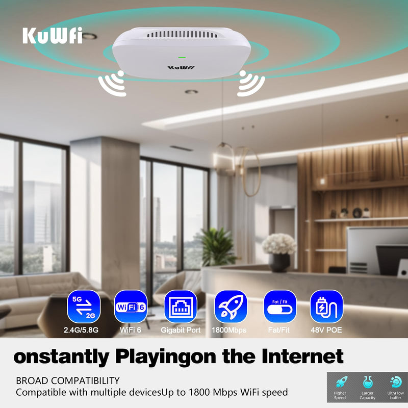 KuWFi WiFi 6 Extender 2.4G&5.8G Long-Range Repeater AX1800 WiFi 6 Indoor Ceiling-Mounted AP Router 48V PoE Powered 1800Mbps High Speed for House, Office, Apartment