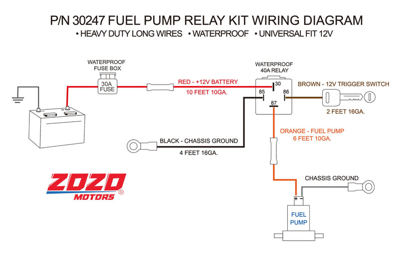 Electric Fuel Pump Relay Kit Fuel Pump Wiring Harness Bypass 40 AMP Waterproof Switch Heavy Duty Long Wires Universal Fit 12V System P/N 30247