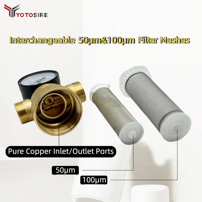 Spin Down Sediment Water Filter System with Pressure Gauge, 50&100 Micron Stainless Steel filter Mesh Pre-Filter for City/Well Water, 1" MNPT & 3/4" FNPT/MNPT Ports, Easy Backwash Cleaning