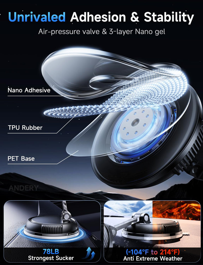ANDERY Only for iPhone Magsafe Car Mount Charger, 15W Fast Wireless Charge | [78+LBS Strong Suction & 2400gf Magnetic] 360° Adjustable Car Mount Phone Holder, Car Interior Accessory with Dashboard Pad Carbon Fiber
