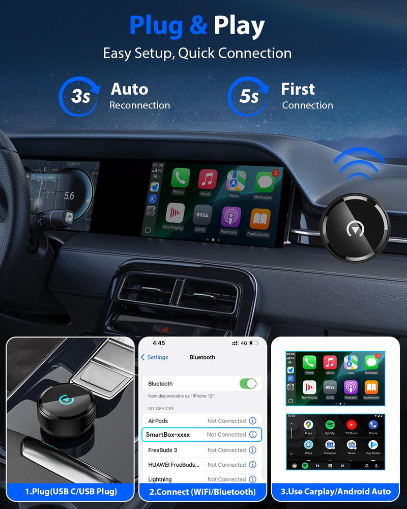 Ultra Mini Circular Wireless CarPlay & Android Auto Adapter, 3-5s Fast Auto Reconnect, Aluminum Alloy Vent Design, 2-in-1 CarPlay Wireless Adapter for iOS & Android with USB A/C Port Black