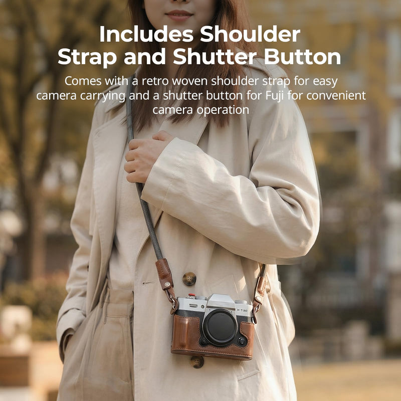 SMALLRIG Leather Case with Shoulder Strap for FUJIFILM X-T30 III/X-T30 II | Retro Style Camera Half Case with Aluminum Frame & Shutter Button Cap (Brown) Brown