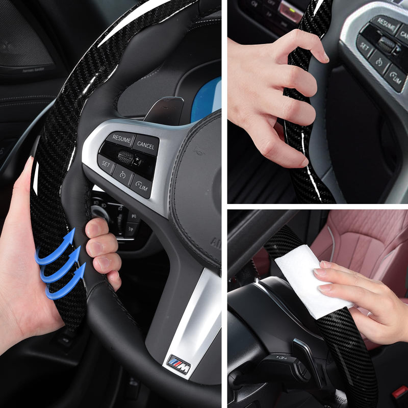  [AUSTRALIA] - Car Steering Wheel Cover Set Bright Carbon Fiber Wrap Non-Slip 3pcs Steering Wheel Accessories 14.5-15 inch Universal (Black) Black Black Black