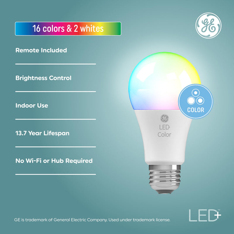GE LED+ Color Changing LED Light Bulbs with Remote, No App or Wi-Fi Required, A19 Bulbs (3 Pack) 3 Bulbs