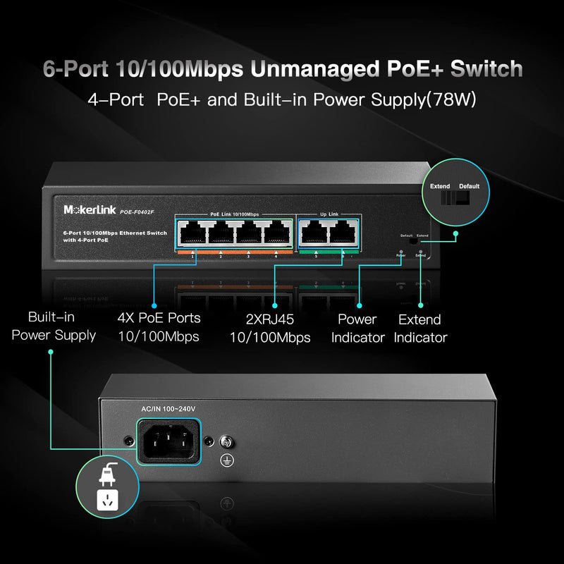 MokerLink 6 Port PoE Switch with 4 Ports PoE+, 2 Fast Ethernet Uplink, 10/100Mbps, 78W High Power, Support IEEE802.3af/at, Fanless Metal Plug & Play PoE+ Network Switch 4 PoE + 2 FE