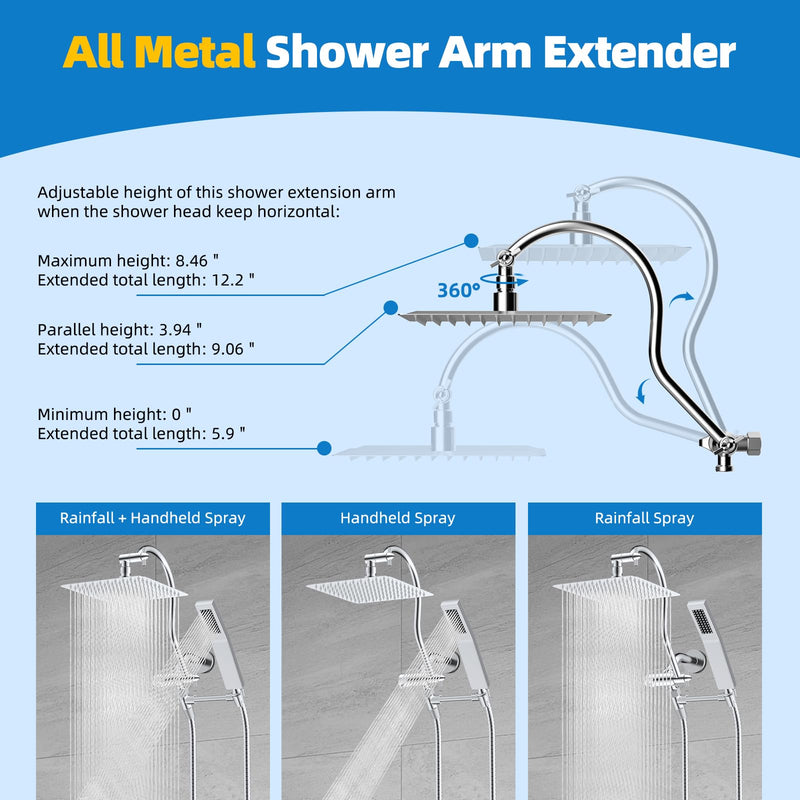 Hibbent All Metal 12 Inch Brass Adjustable Shower Head Extension Arm with Shower Arm Diverter Valve, G 1/2 3-Way Bathroom Universal Shower System Replacement Part, Shower Arm Extender, Chrome