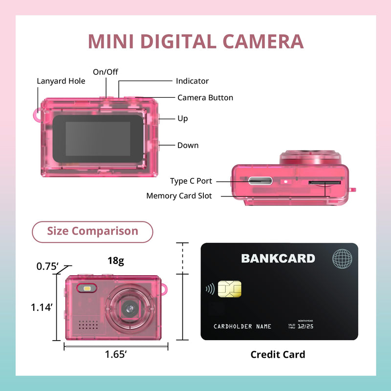 Y2K Mini Pink Keychain Camera, 1080P HD & 2MP, 32GB Card | 5 Filters & Flash, 0.96" Display, OTG Adapter for Android, Mini Wearable Pendant for Travel/Vlog/Night Shots, Ideal Gift
