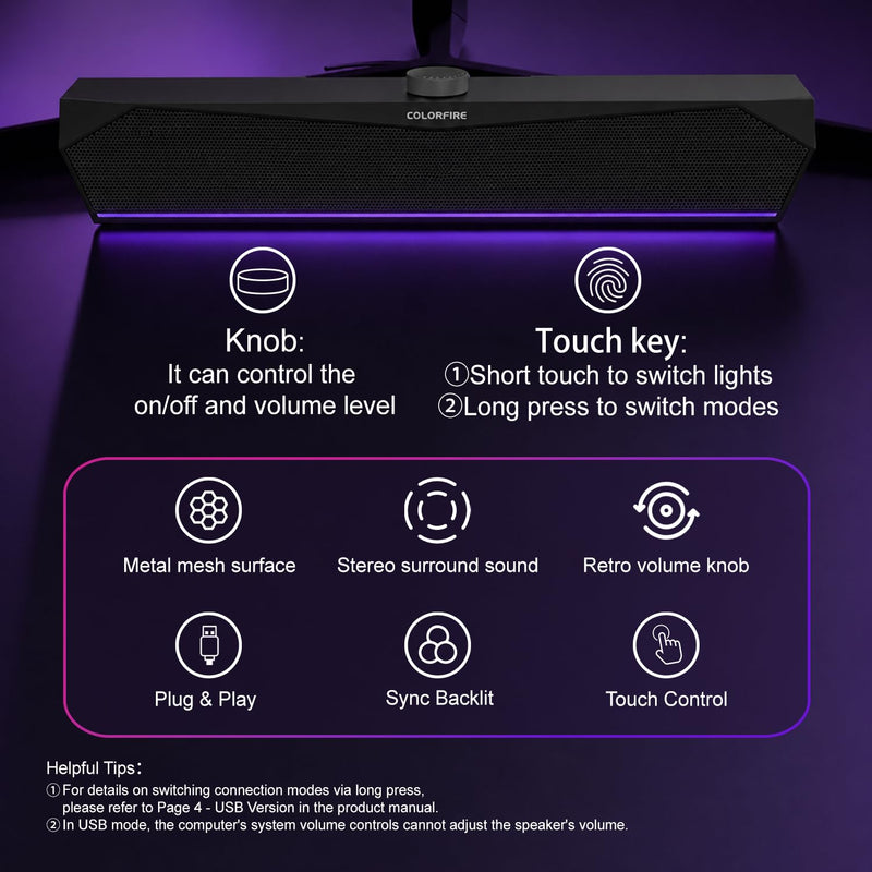 Computer Speakers for Desktop,USB Single-Cable, Computer Soundbar for PC | Compatible with Laptops | Towers | Devices |Stereo Sound and RGB Light, Plug-n-Play, Black Matte Finish, Mechanical Knobs