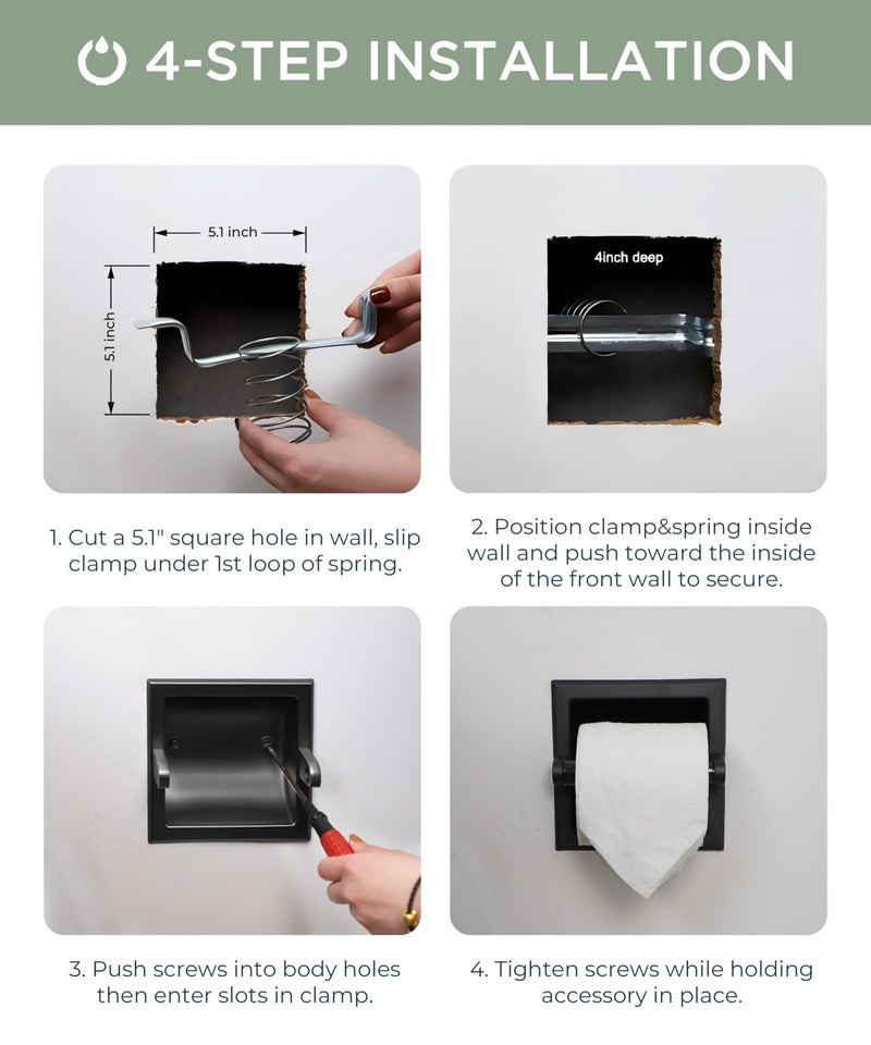 FORIOUS Recessed Toilet Paper Holder, Stainless Steel Durable Tissue Roll Holder Wall Mount for Bathroom Space Saving Design with Mounting Bracket, in Wall Toilet Paper Dispenser Insert, Matte Black 1