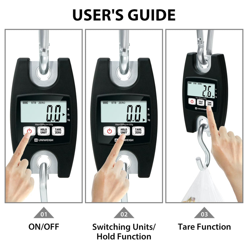 UNIWEIGH Digital Hanging Scale 660lb/300kg Handheld Crane Scales | Industrial Scales with Hooks,Luggage Scales with LCD/Hold/Tare for Weighing,Farm Hunting,Fishing Outdoor,Suitcases(Black)