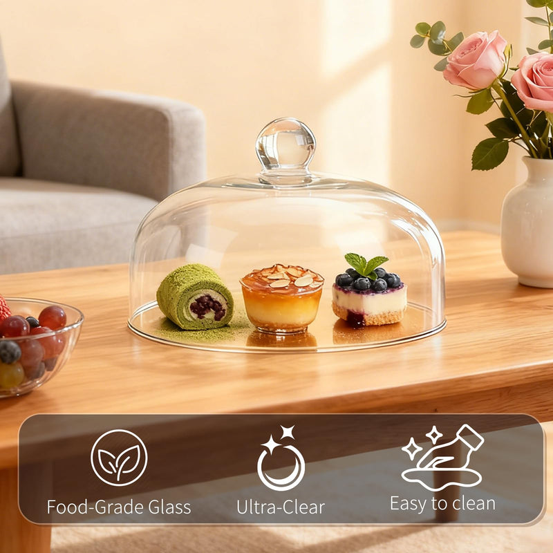 Glass Cake Dome - 10 Inch Clear Round Glass Cake Stand Cover, Display Cloche for Cakes, Pastries, Cupcakes & Desserts, Durable Food-Safe Cover for Party & Holiday, Fits Sizes up to 8"