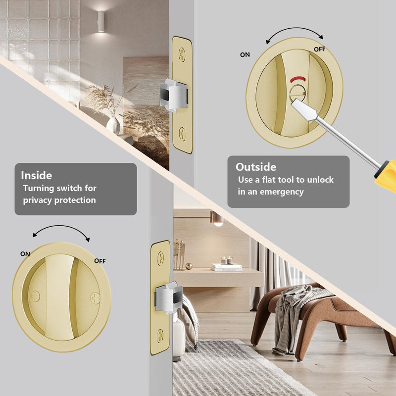 Round Pocket Door Lock with Indicator,1 Pack Contemporary Privacy Pocket Door Hardware,Flush Pocket Door Latch(2-3/8" Backset) for 1-3/5" to 2-1/8" Thickness Door,Brushed Gold Round Lock with Indicator - 1 Pack Brushed Gold