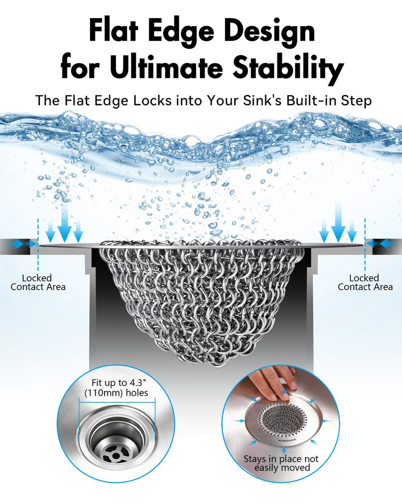 Wokdada 2 PCS Kitchen Sink Drain Strainer, Flippable Mesh Sink Strainer, 304 Stainless Steel Sink Screen, Easy Clean Large Basket Strainer, Anti-Clog Garbage Disposal Cover Fit for Standard Sink Drain Bright Silver Silver