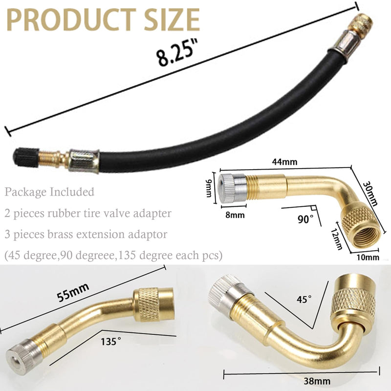 5 Pack Tire Valve Extension, 2Pcs 8.25 Inch Flexible Valve Stem Extenders with Brass 45 90 135 Multi Degree Schrader Tire Valve Stem Extension Adaptor Compatible for RV Bike Motorcycle Car (Black1) Black1