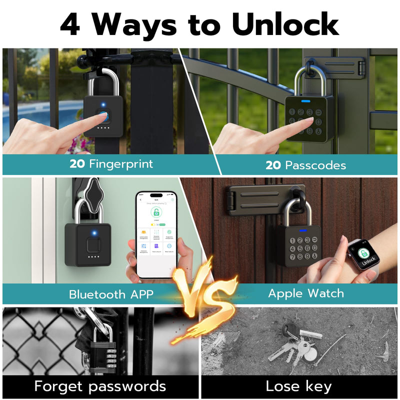 Smart Locker Lock with Code, Fingerprint Keyless Biometric Padlock, Weatherproof Biometric Combo Lock with Bluetooth APP, Smart Combination Pad Lock Storage Unit Outdoor Fence Gate Shed