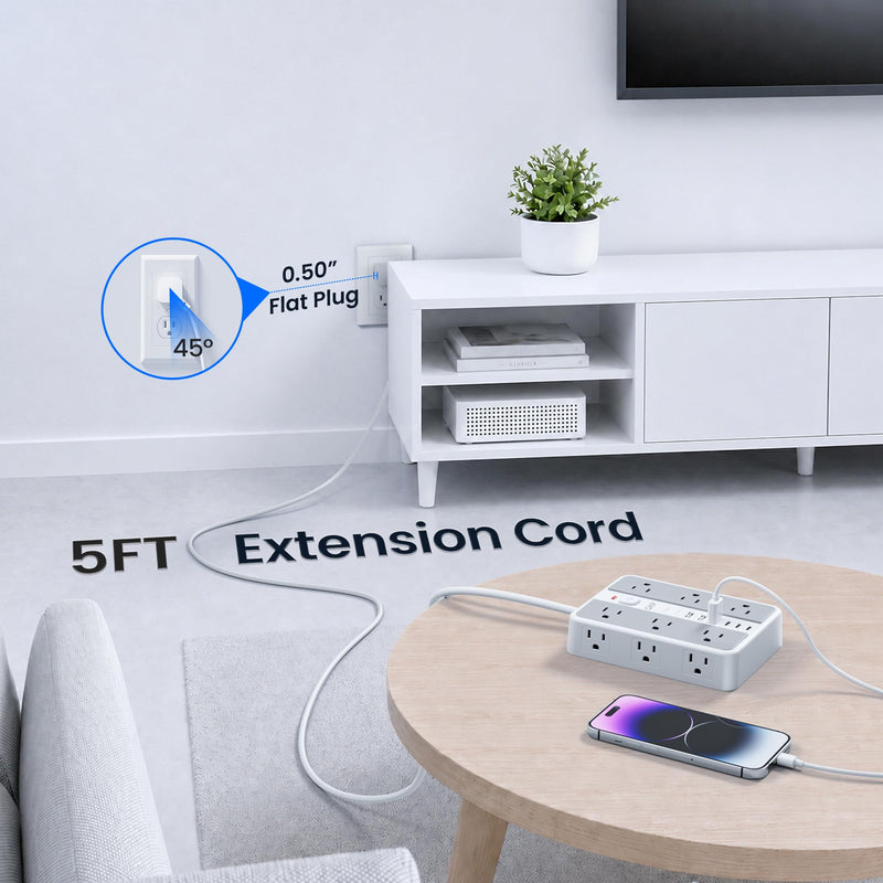 6 FT/ 2400J Surge Protector Power Strip, 12 Outlets, 6 USB (3 USB C) | 3 USB-A & 3 USB-C Ports, 1.7" Wide-Spaced Outlets，2400J Surge Protection, 1875W/15A Flat Plug Extension Cord for Home, Office White / Gray 6 FT