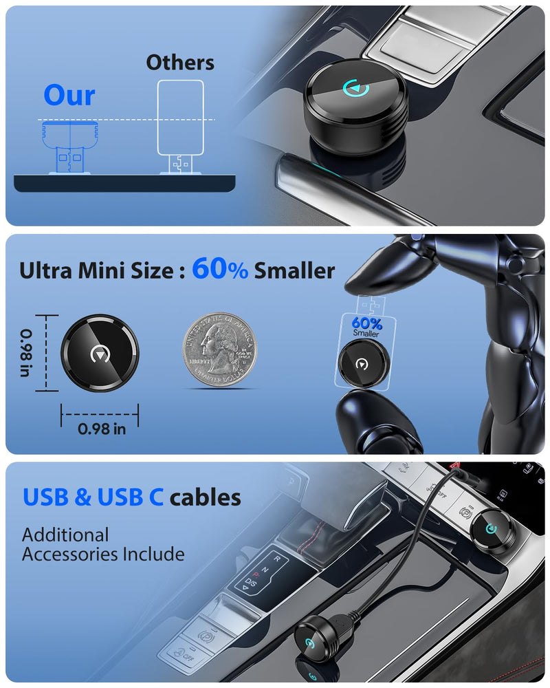 Ultra Mini Circular Wireless CarPlay & Android Auto Adapter, 3-5s Fast Auto Reconnect, Aluminum Alloy Vent Design, 2-in-1 CarPlay Wireless Adapter for iOS & Android with USB A/C Port Black