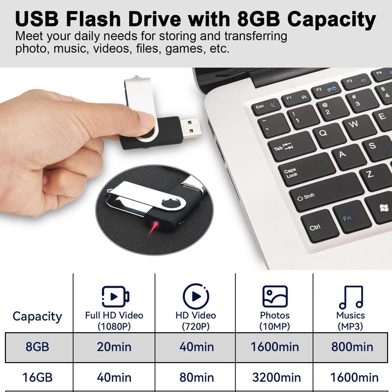 Swivel Design 8GB USB Flash Drive, Portable USB 2.0 Thumb Drive Memory Stick, Data Storage Flashdrive for Students, Travel, and Office, Home Use (Black, 8 GB)