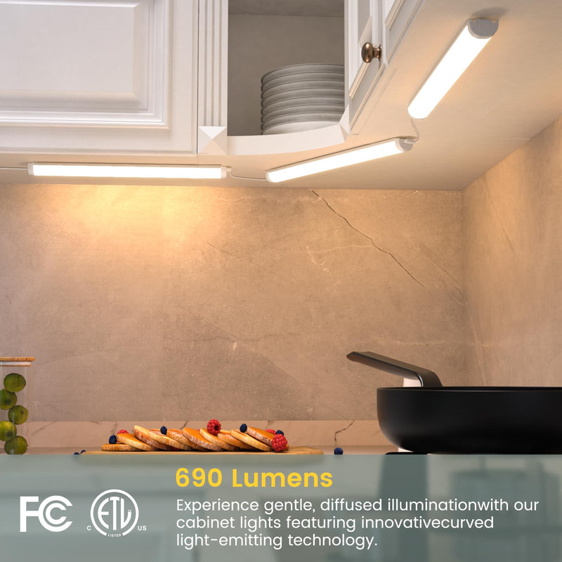 Under Cabinet Lighting Plug in with APP Control, 3 PCS 12 Inchs Light Strip, 5 Color Dimmable Super Bright Led, 690 Lm 12W, Under Counter Light for Kitchen, Counter, Shelf White Case 12" 3-Bar