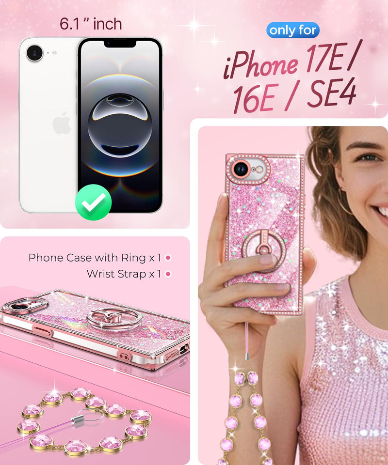 Miss Arts for iPhone 17e/16e Case with Ring Stand, Glitter Sparkle Phone Case for Women Girls, Rhinestone Luxury Protective Cover for iPhone 17e/16e 6.1", Pink