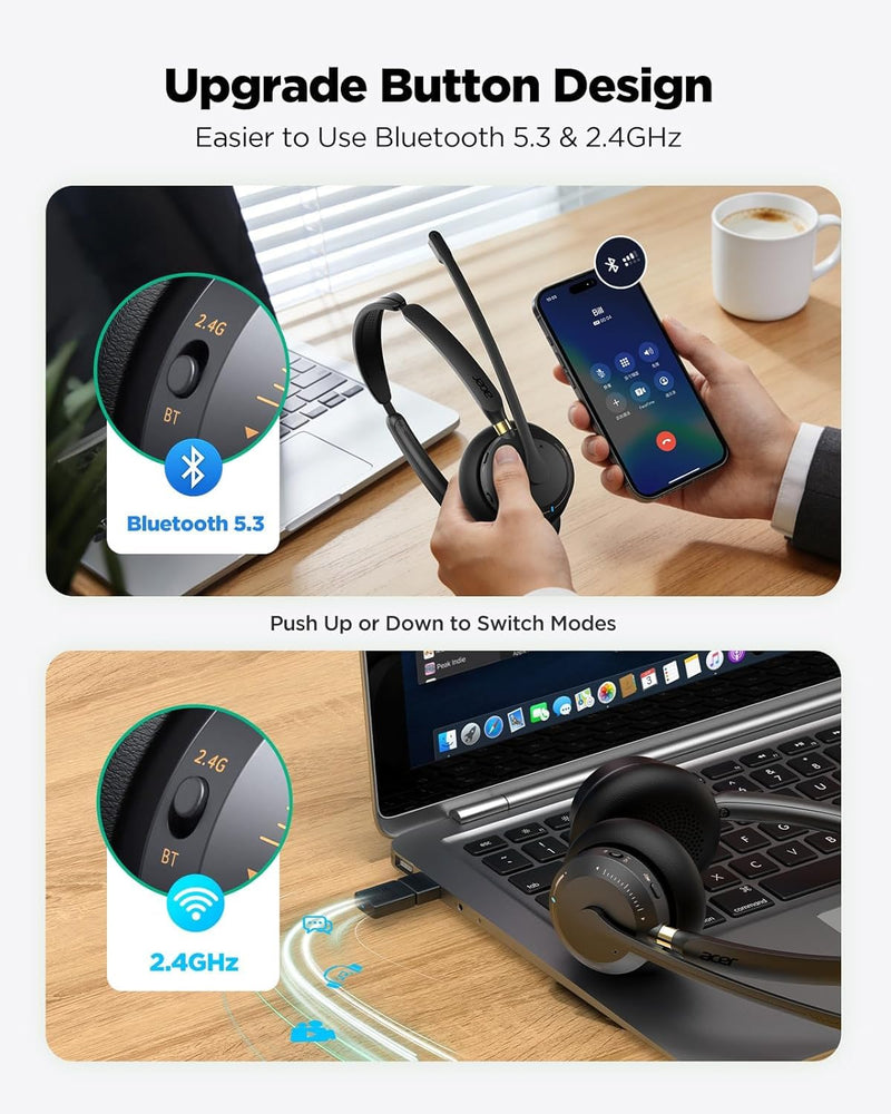 Wireless Headset with Mic for Work,Bluetooth Headset for Calls & Meetings | Headset with Microphone for PC, Bluetooth 5.3 & 2.4G Dongle Headphones with Mic for Office/Call Center/Home/Computer/Phones Black Golden