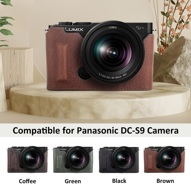 MUZIRI KINOKOO Half Case Compatible for Panasonic Lumix DC-S9 Camera, Genuine Leather Protective Cover for Lumix S9 Mirrorless Camera - with Opening Bottom and Hand Grip Design - Brown