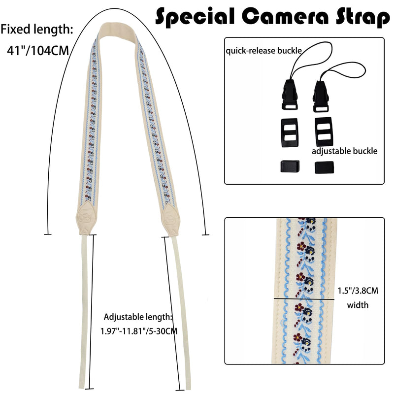 Wide Adjustable Camera Strap - Comfortable Leather Neck Shoulder Strap for DSLR/SLR Cameras, Gift for Photographers Beige Embroidery Camera Strap-11