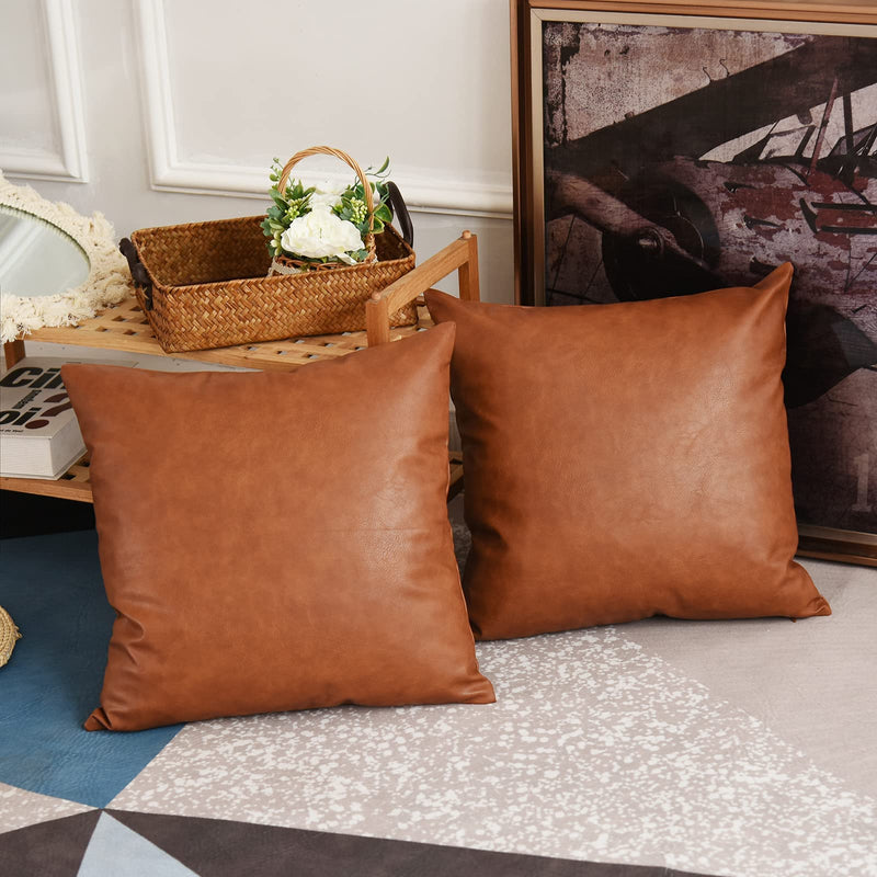 Tosewever Faux Leather Throw Pillow Covers, 20 x 20 inch Set of 2 Luxury Cognac Brown Modern Pillowcases Solid Decorative Square Cushion Cases for Bedroom Living Room Couch Bed Sofa (Brown, 20" x 20") 20" x 20" (Pack of 2)