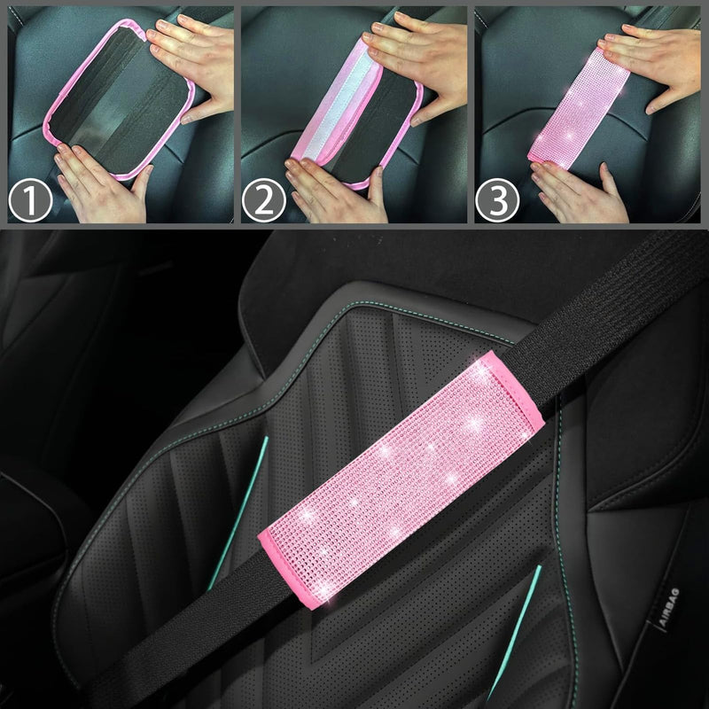 NBTEPEM 30 Pcs Pink Bling Car Accessories Set for Women, Pink Steering Wheel Cover Set, Bling Console Cover, Seat Belt Cushion, Shift Knob Cushion, Cup Coaster, Rhinestone Car Hanging Accessories Pink Diamond