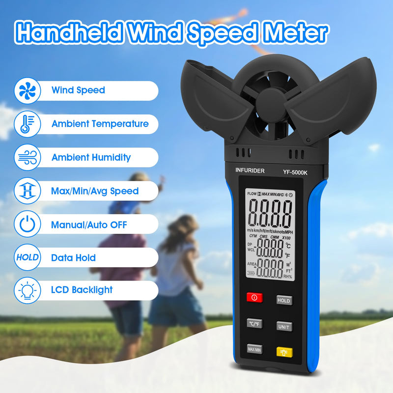 Digital Anemometer Wind Speed Meter, 6-in-1 Wind Gauge for Velocity/Temperature/Relative Humidity, Auto-Off with Data Hold, LCD Backlight, for Shooting, Sailing 5000K