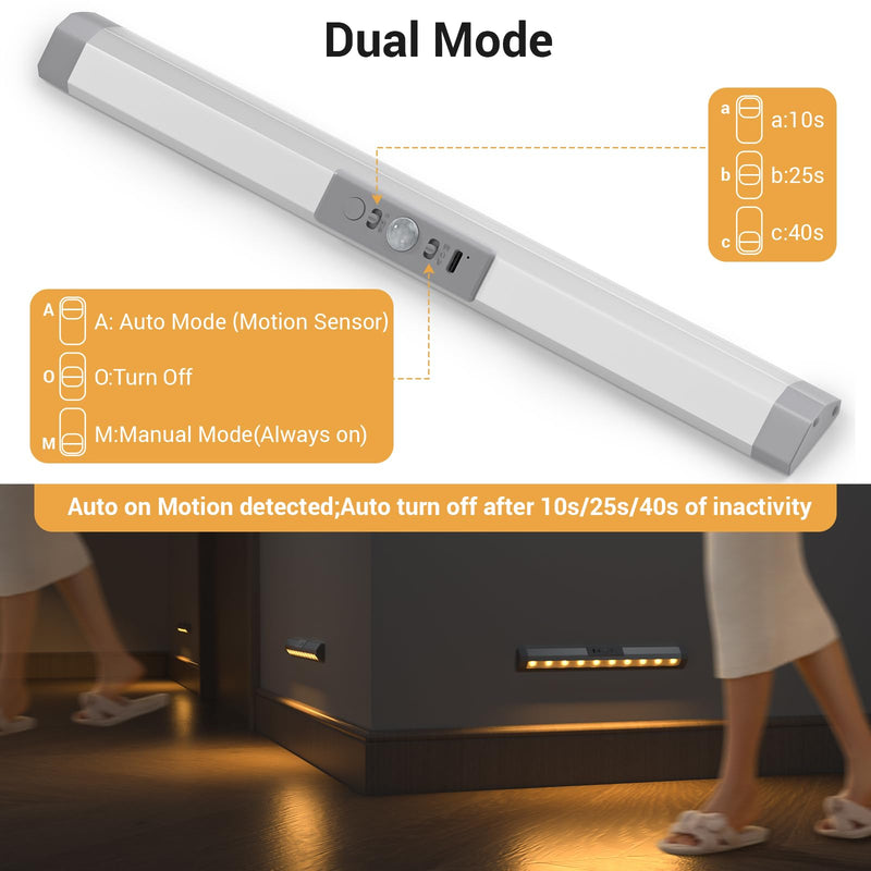 WOBANE Closet Lights Motion Sensored with Eye-Protection,Rechargeable LED Wardrobe Lighting with 3 Color,12 inch Dimmable Wireless Battery Operated Light Indoor for Stair,Pantry,Hallway,900mAh,3PCS 3 Pack