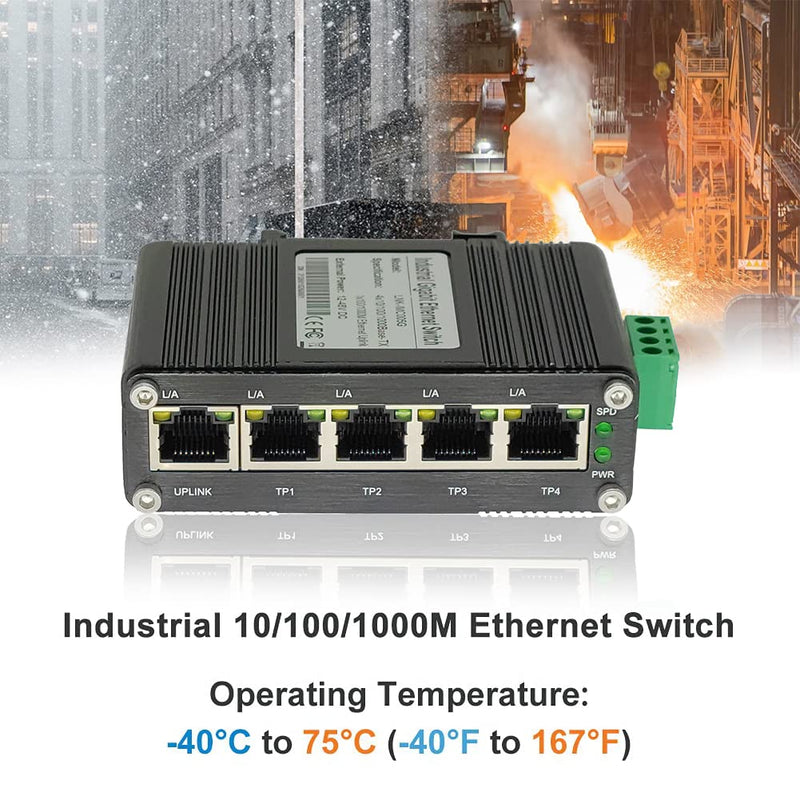 Mini Industrial 5-Port Gigabit Ethernet Switch - Hardened, 10/100/1000Mbps, Din Rail & Wall Mountable (-40 to 167 F), 10Gbps Switching Capacity Cent-S-005