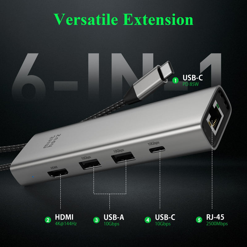 Minthouz USB C Hub, 6 in 1 Laptop Docking Station, Multiport Adapter with HDMI 4K@144Hz, 2500Mbps LAN, 10Gbps USB-A/C Ports, PD 100W Charging, Compatible with Surface, M1, M2, M3, HP, Lenovo MT-UHP3418 Pro