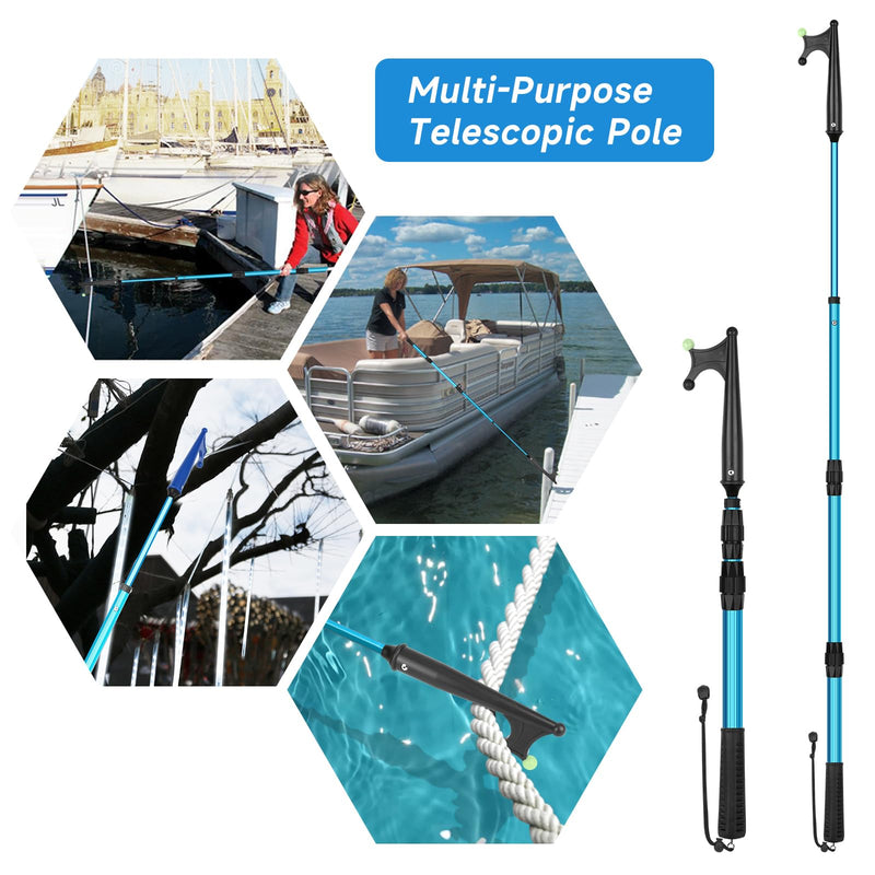 SANLIKE Telescopic Boat Hook for Docking, Extendable Marine Docking Pole with Luminous Design, Rust-Resistant Aluminum, Non-Slip Handle, Lightweight Boat Accessories for Kayak Fishing Pontoon blue