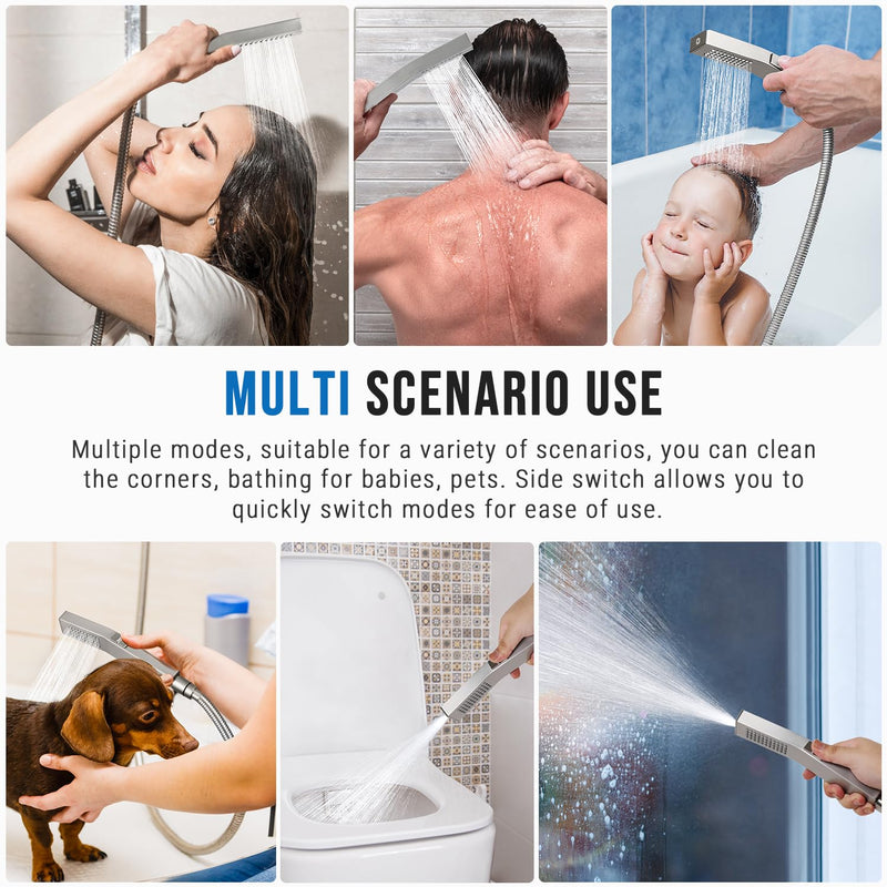 G-Promise All Metal Square 2 Function Handheld Shower Head, with Side Push Switch, Easy and Quick Switch to Power Wash Mode, Bathroom Shower Wand Design Exquisite Luxury, 2.5 GPM, Brushed Nickel