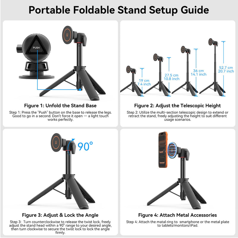 Portable Travel Monitor Stand for 4.7''-18.5'' Monitor /Tablet/iPad/Phone | 7.4''-20.7'' Height Adjustable Monitor Tripod Stand Holder, Foldable Magnetic Metal Monitor Mount up to 18.5'' Holds 4.4lb
