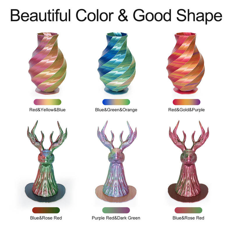 Tri Color Silk PLA 3D Printer Filament Bundle 1.75mm Color Changing PLA Filament Multi Pack Bundle 4 Spool Each 250g (Multicolor: Red&Yellow&Blue; Red&Blue&Green; Red&Purple&Gold; Orange&Blue&Green)