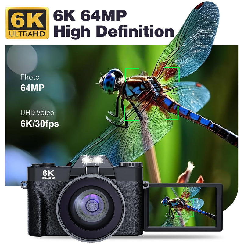 6K 64MP Digital Camera for Photography Vlogging Camera for YouTube, 180° Flip Screen, 16X Zoom Autofocus, Compact Travel Beauty Camera for Teens, with 52mm Lens, 2 Batteries, 32GB SD Card