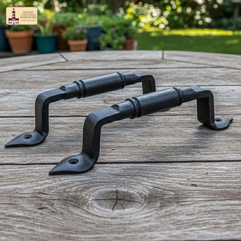 2 Pack Mystic Colonial Medieval Rustic Cast Iron Barn Door Handles - (6 inch) Colonial Pull Handles for Gates, Sheds, Cabinets & Garden Doors with Black Finish 6 Inch Pair Barrel Pull Handle