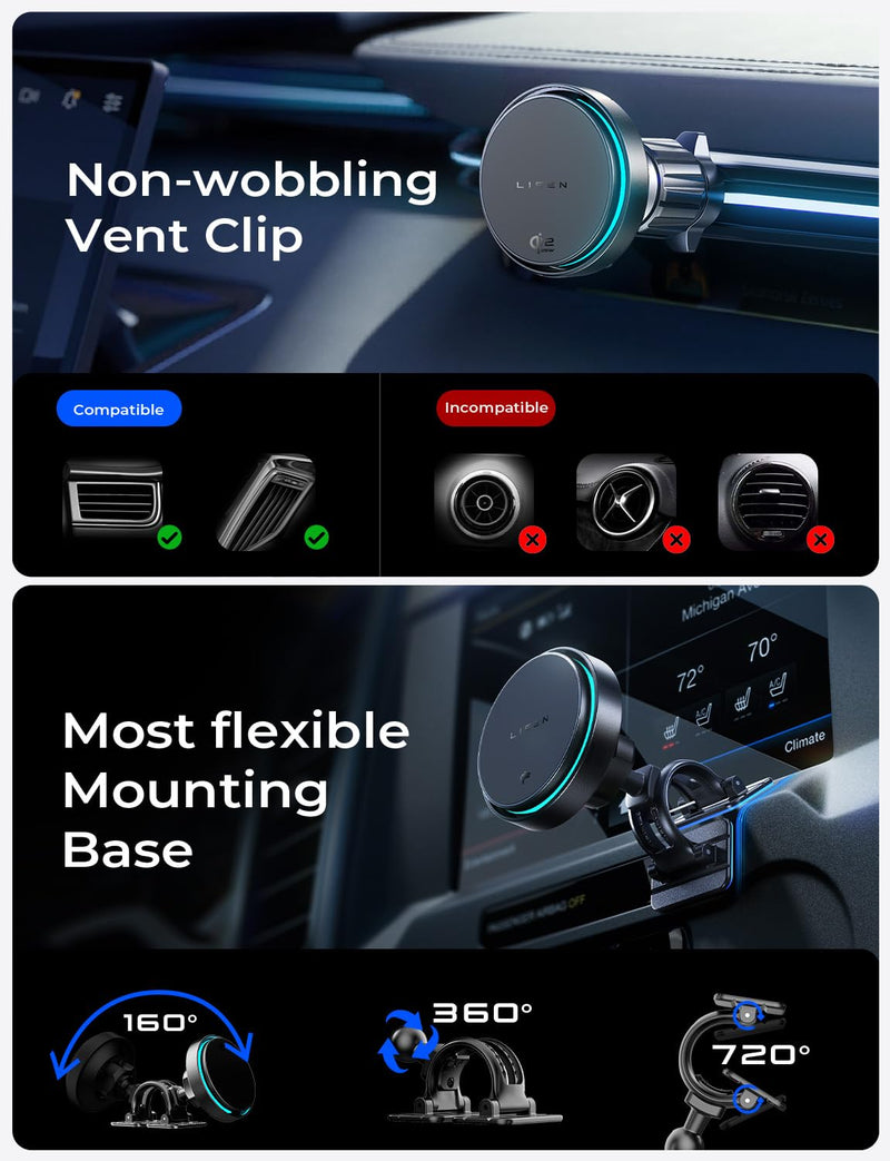 LISEN for Qi2.2 25W MagSafe Car Mount Charger，[Top Spec with Cooling Fan＆95W Custom Adapter] iPhone 17 Pro Max Car Charger Fast Charging for iPhone 17/16 Pro Max Plus Air with iOS26,Vent or Dashboard