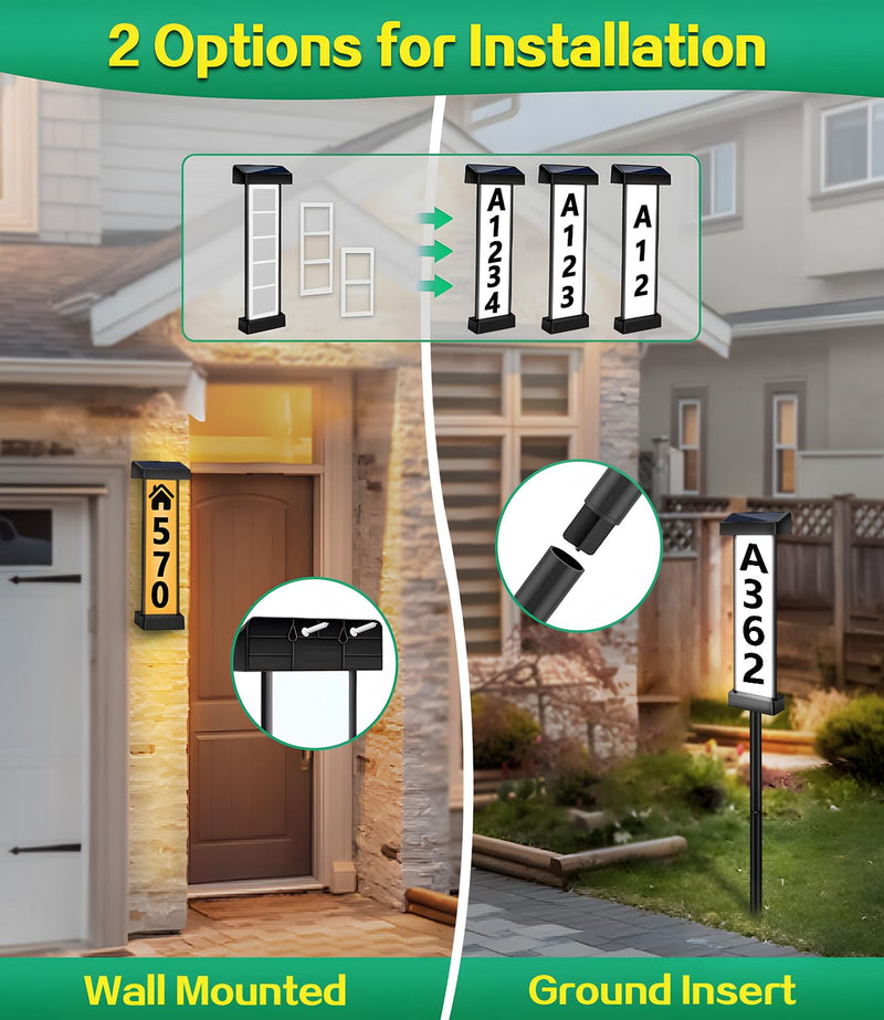 DBF Solar Address Sign, Dual-Sided House Numbers for Outside Waterproof, 3 Colors LED Illuminated Solar Powered Address Plaque with Stakes, Outdoor House Number for Yard Street Home Garden, Vertical Ground&Wall