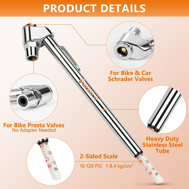 Presta Bike Tire Air Pressure Gauge Pencil 10-120 Psi for Schrader or Presta Valves Car Bicycle Or Motorcycle - 2 Pack