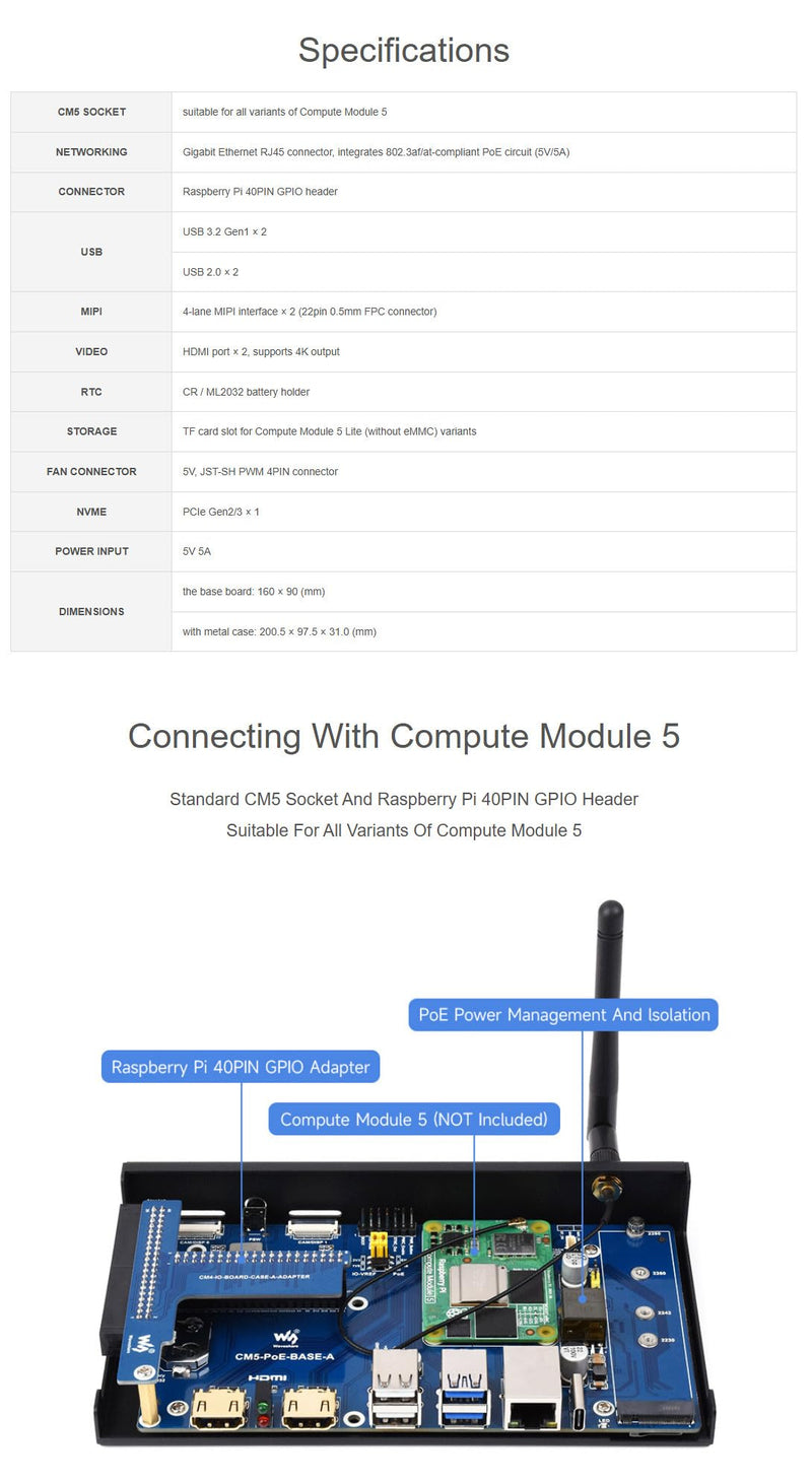 Fits Raspberry Pi Compute Module 5 IO Board with PoE Feature, M.2 NVMe SSD Support, GPIO Header,Ethernet, USB, HDMI, and TF Slot for All CM5 Variants