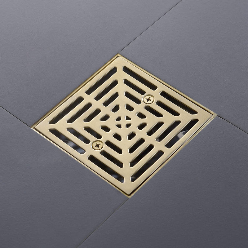 4-1/4 Inch Brushed Gold Shower Drain Square, Base with Adjustable Drain Flange Kit PVC, Removable Grille Strainer Drain Cover with Screws, SUS304 Stainless Steel Brass Face