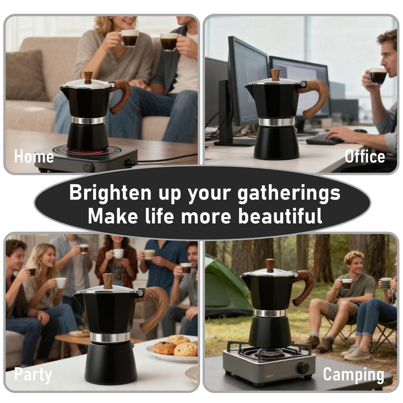 Moka Pot Espresso Coffee Maker, 300ml-6 Cups Espresso Maker, Easy To Use And Clean, Camping Home Use,Suitable For Mocca Puccino Coffee (Black) Black