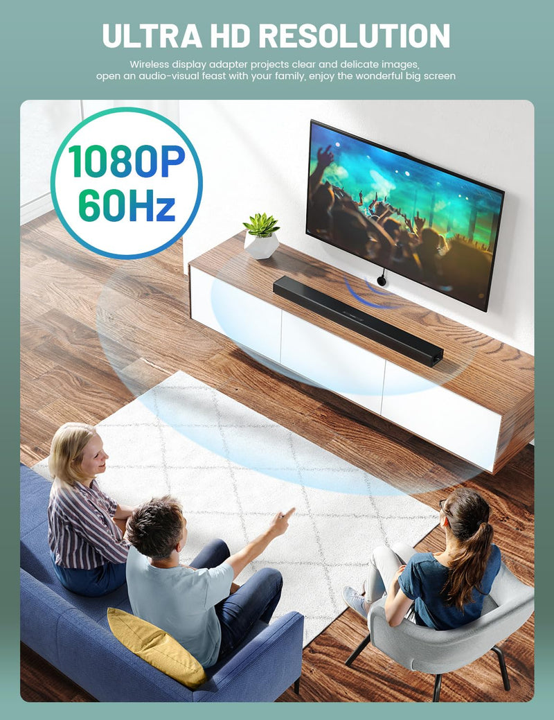 Wireless HDMI Display Dongle Adapter,No Need Any APP,No Setup, Streaming Video/Audio from Laptop,Tablet, PC, Smartphone to HDTV/Projector/Monitor, Support Android, iOS, Windows and MacOS