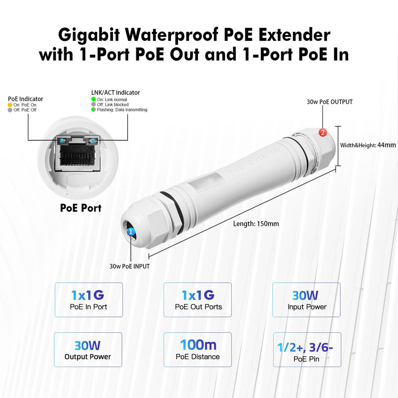 MokerLink Outdoor 2 Port Gigabit PoE Extender, IEEE 802.3 af/at Repeater 30W, 10/100/1000Mbps, 1 In 1 Out, Wall Mount IP67 Waterproof Passthrough Switch 1000M Outdoor 2 Port