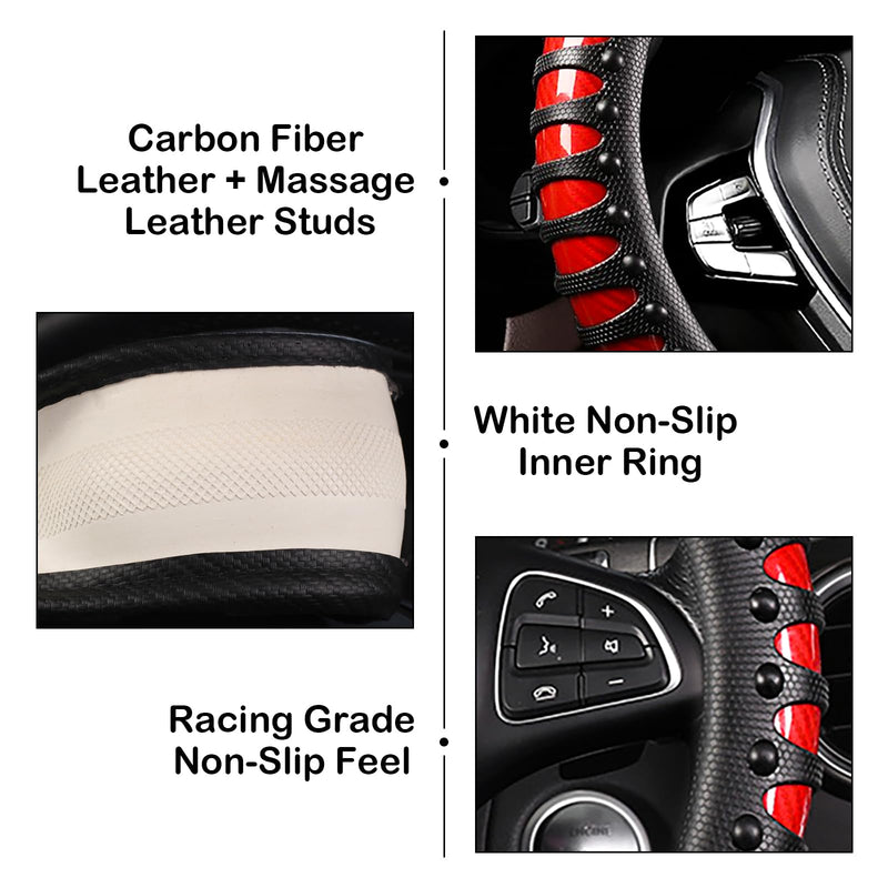 3D Massage Red Carbon Fiber Leather Steering Wheel Cover, 14.5-15 Inch Non-Slip Breathable Microfiber Car Steering Wheel Protector 3D Massage - Sports Red